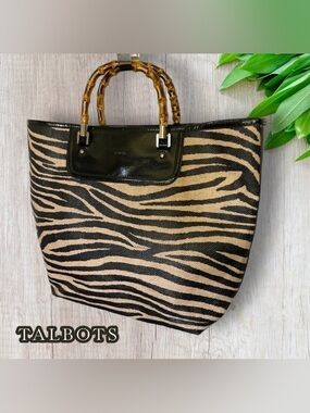 TALBOTS WOVEN BEACH BAG
 Zebra Straw Tan Black Classy Tote 920188624